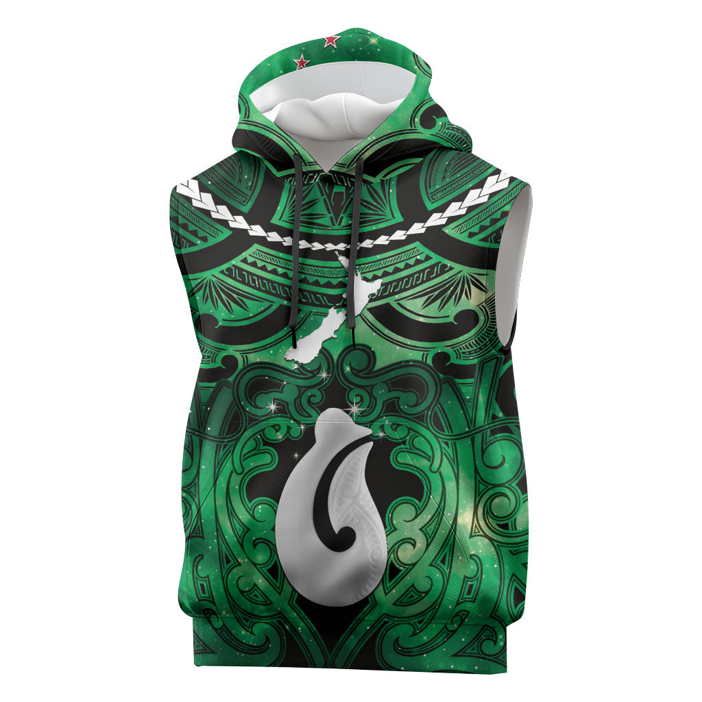 Personalised Maori Matariki Hei Matau Kakariki Sleeveless Hoodie Maori Kowhaiwhai Pattern Galaxy