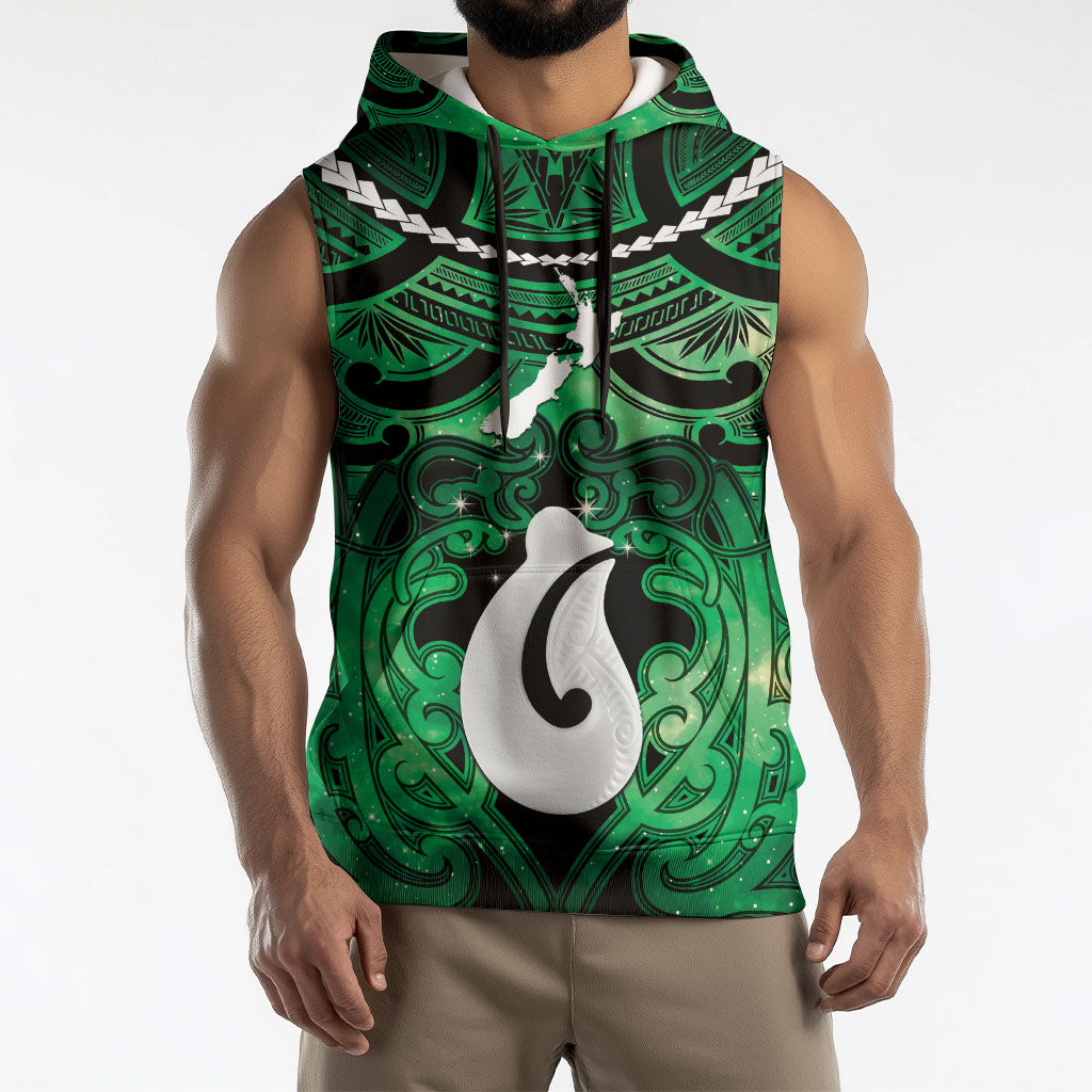 Personalised Maori Matariki Hei Matau Kakariki Sleeveless Hoodie Maori Kowhaiwhai Pattern Galaxy