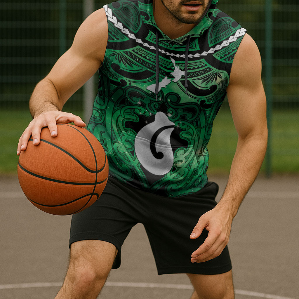 Personalised Maori Matariki Hei Matau Kakariki Sleeveless Hoodie Maori Kowhaiwhai Pattern Galaxy