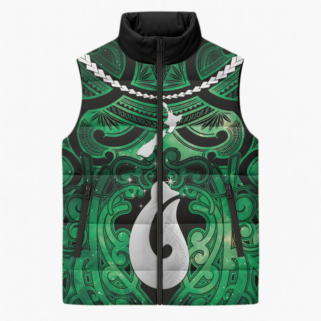 Personalised Maori Matariki Hei Matau Kakariki Sleeveless Puffer Jacket Maori Kowhaiwhai Pattern Galaxy