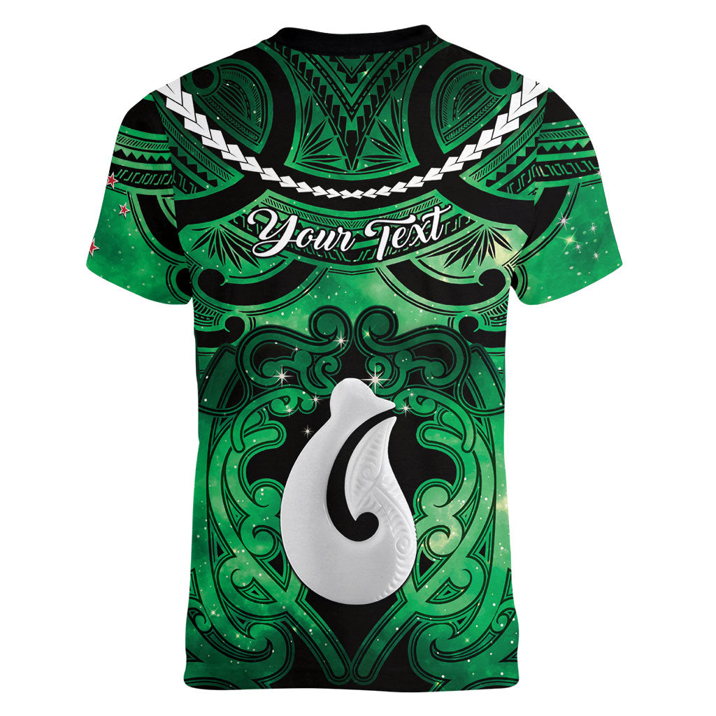Personalised Maori Matariki Hei Matau Kakariki Women V-Neck T-Shirt Maori Kowhaiwhai Pattern Galaxy