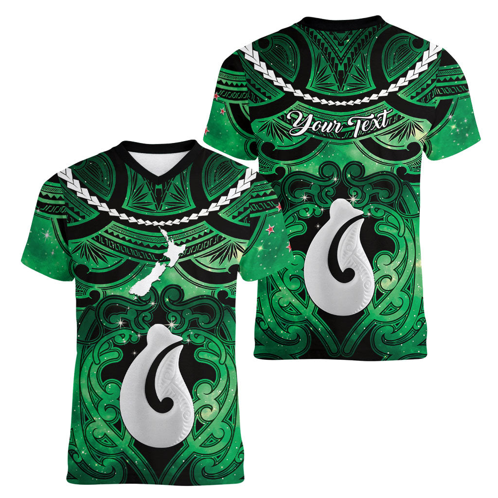 Personalised Maori Matariki Hei Matau Kakariki Women V-Neck T-Shirt Maori Kowhaiwhai Pattern Galaxy