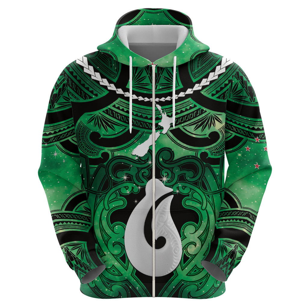 Personalised Maori Matariki Hei Matau Kakariki Zip Hoodie Maori Kowhaiwhai Pattern Galaxy