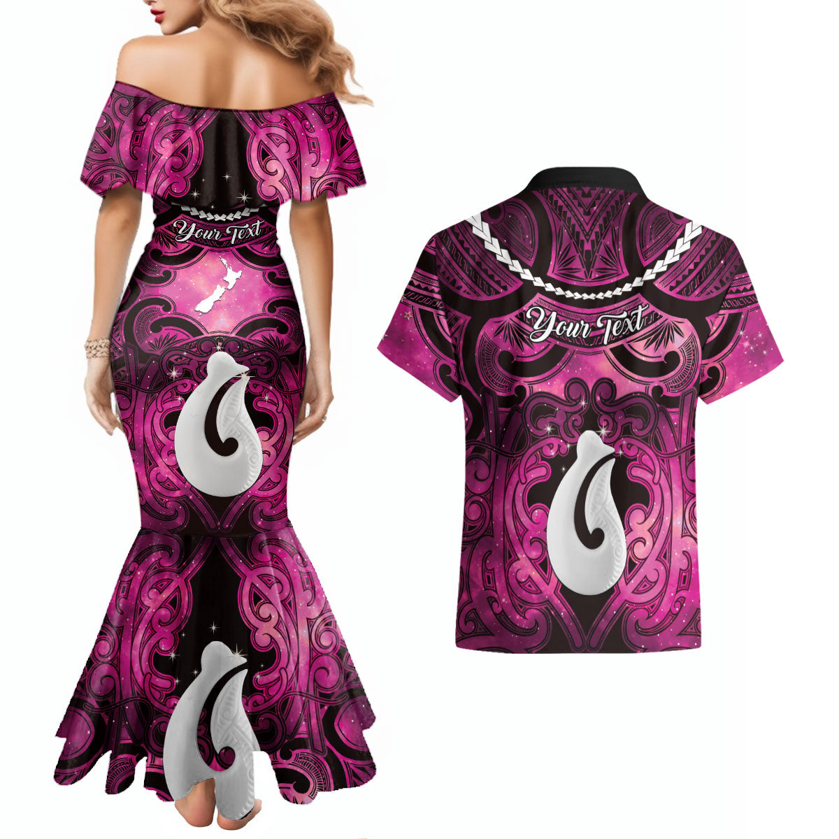 Personalised Maori Matariki Hei Matau Mawhero Couples Matching Mermaid Dress and Hawaiian Shirt Maori Kowhaiwhai Pattern Galaxy LT01 - Polynesian Pride