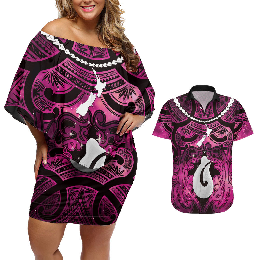 Personalised Maori Matariki Hei Matau Mawhero Couples Matching Off Shoulder Short Dress and Hawaiian Shirt Maori Kowhaiwhai Pattern Galaxy LT01 Pink - Polynesian Pride
