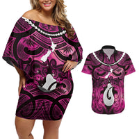 Personalised Maori Matariki Hei Matau Mawhero Couples Matching Off Shoulder Short Dress and Hawaiian Shirt Maori Kowhaiwhai Pattern Galaxy LT01 Pink - Polynesian Pride