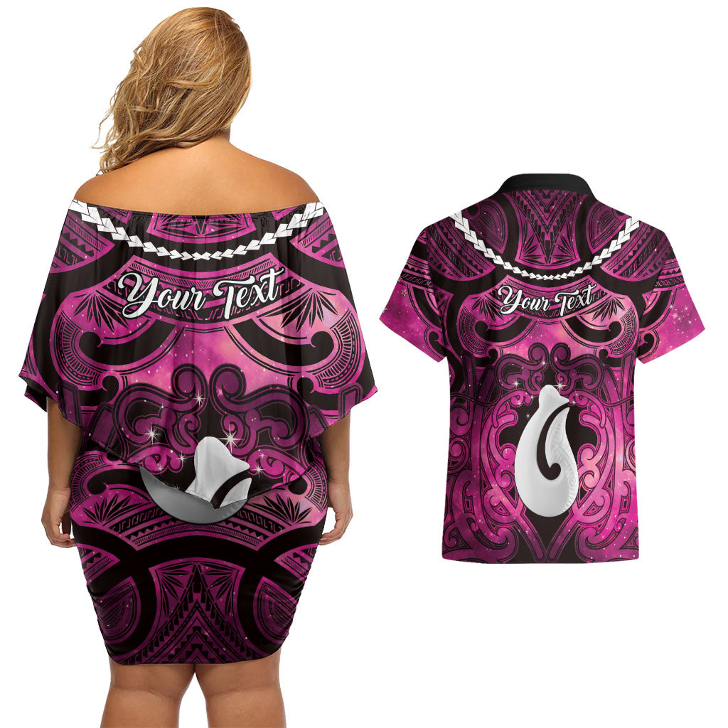 Personalised Maori Matariki Hei Matau Mawhero Couples Matching Off Shoulder Short Dress and Hawaiian Shirt Maori Kowhaiwhai Pattern Galaxy LT01 - Polynesian Pride