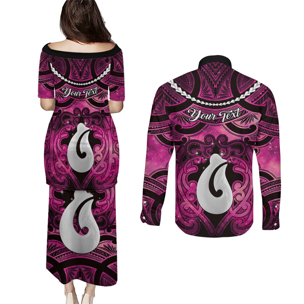 Personalised Maori Matariki Hei Matau Mawhero Couples Matching Puletasi and Long Sleeve Button Shirt Maori Kowhaiwhai Pattern Galaxy