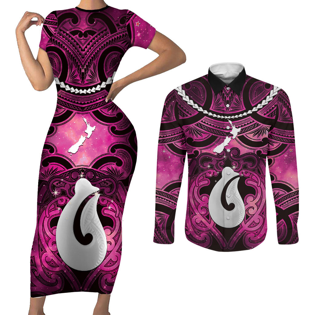 Personalised Maori Matariki Hei Matau Mawhero Couples Matching Short Sleeve Bodycon Dress and Long Sleeve Button Shirt Maori Kowhaiwhai Pattern Galaxy
