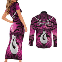 Personalised Maori Matariki Hei Matau Mawhero Couples Matching Short Sleeve Bodycon Dress and Long Sleeve Button Shirt Maori Kowhaiwhai Pattern Galaxy LT01 - Polynesian Pride