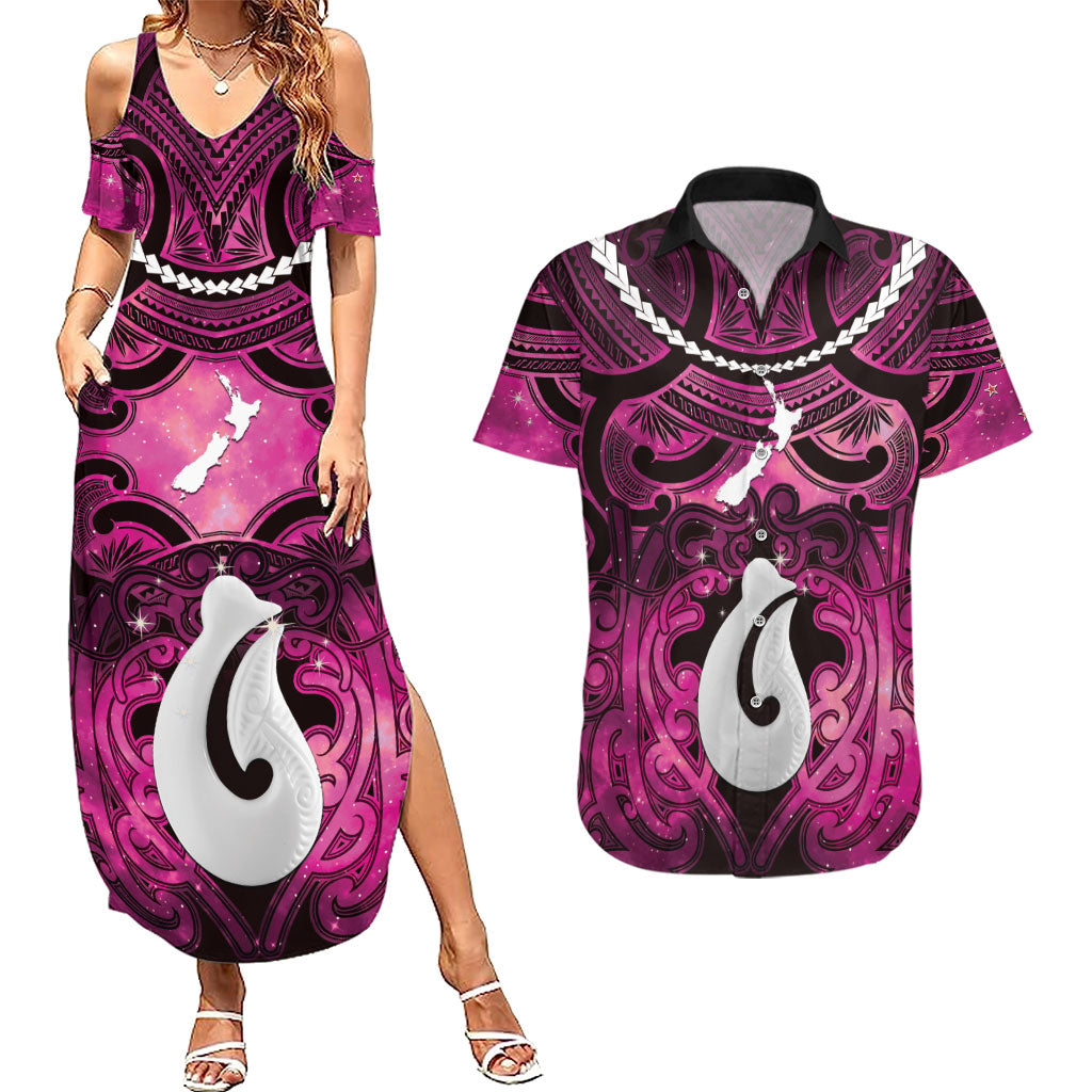Personalised Maori Matariki Hei Matau Mawhero Couples Matching Summer Maxi Dress and Hawaiian Shirt Maori Kowhaiwhai Pattern Galaxy