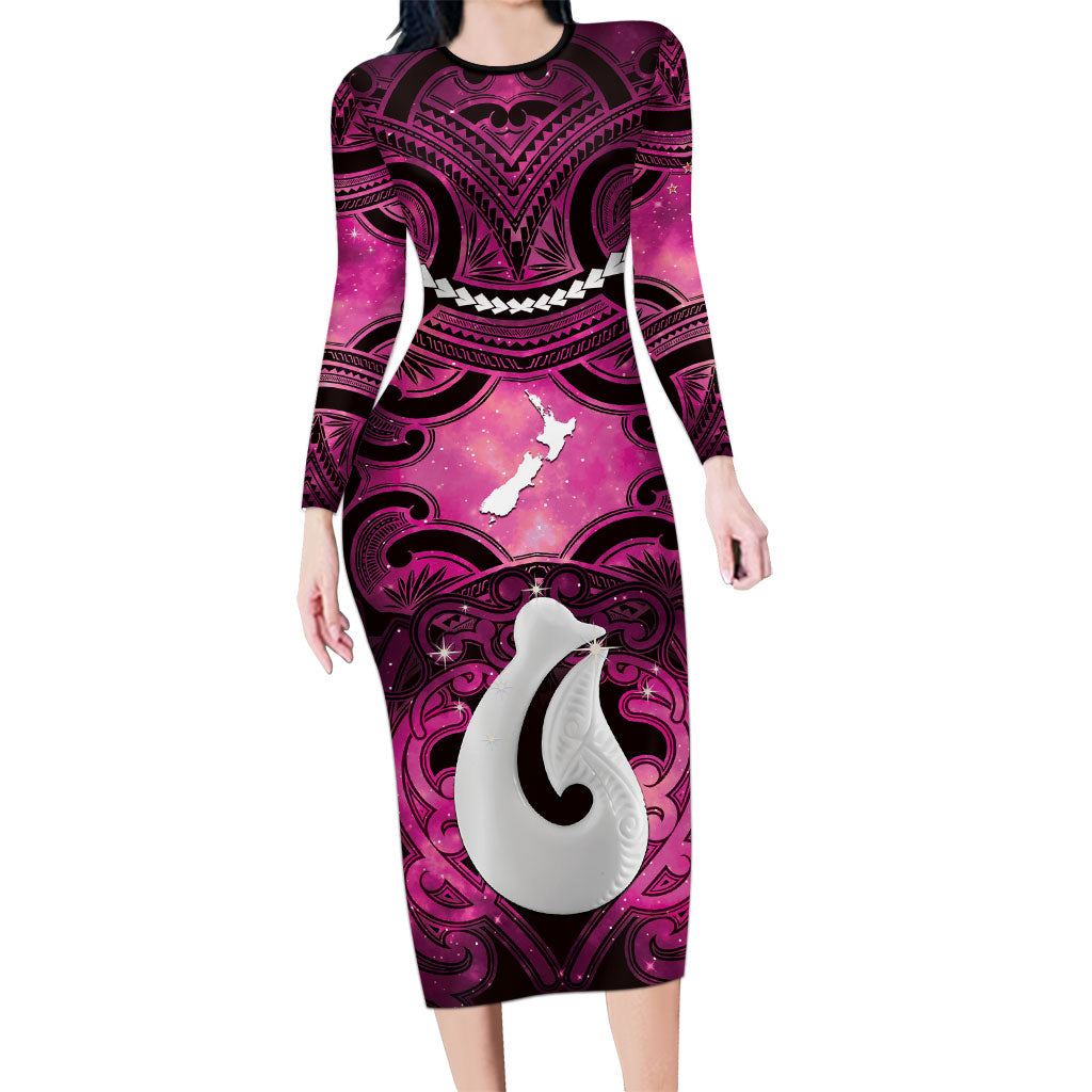 Personalised Maori Matariki Hei Matau Mawhero Family Matching Long Sleeve Bodycon Dress and Hawaiian Shirt Maori Kowhaiwhai Pattern Galaxy LT01 Mom's Dress Pink - Polynesian Pride