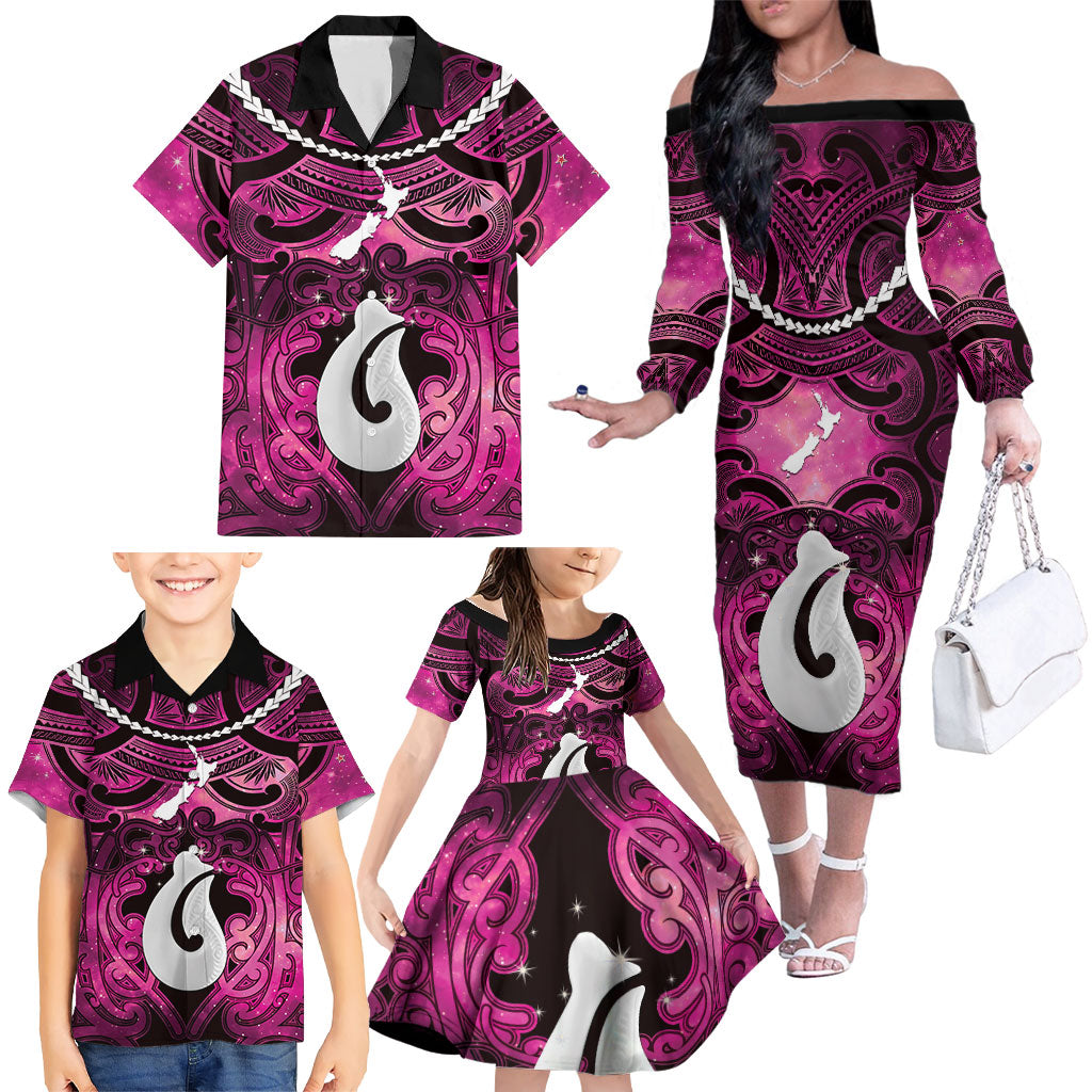 Personalised Maori Matariki Hei Matau Mawhero Family Matching Off The Shoulder Long Sleeve Dress and Hawaiian Shirt Maori Kowhaiwhai Pattern Galaxy LT01 - Polynesian Pride