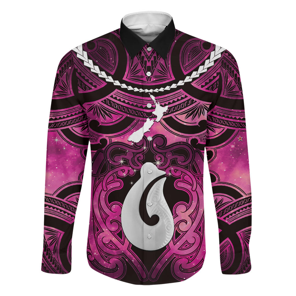 Personalised Maori Matariki Hei Matau Mawhero Family Matching Puletasi and Hawaiian Shirt Maori Kowhaiwhai Pattern Galaxy LT01 Dad's Shirt - Long Sleeve Pink - Polynesian Pride