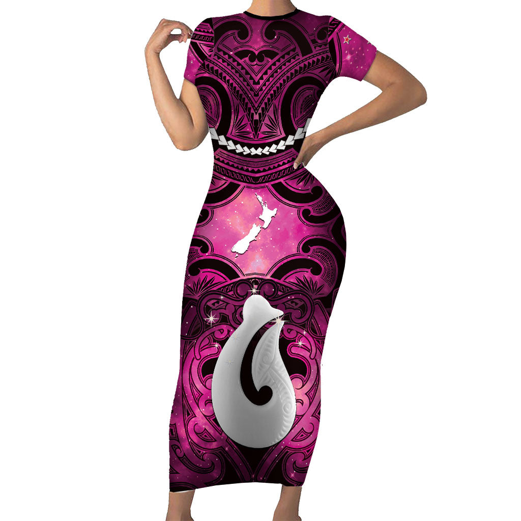 Personalised Maori Matariki Hei Matau Mawhero Family Matching Short Sleeve Bodycon Dress and Hawaiian Shirt Maori Kowhaiwhai Pattern Galaxy LT01 Mom's Dress Pink - Polynesian Pride