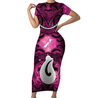 Personalised Maori Matariki Hei Matau Mawhero Family Matching Short Sleeve Bodycon Dress and Hawaiian Shirt Maori Kowhaiwhai Pattern Galaxy LT01 Mom's Dress Pink - Polynesian Pride