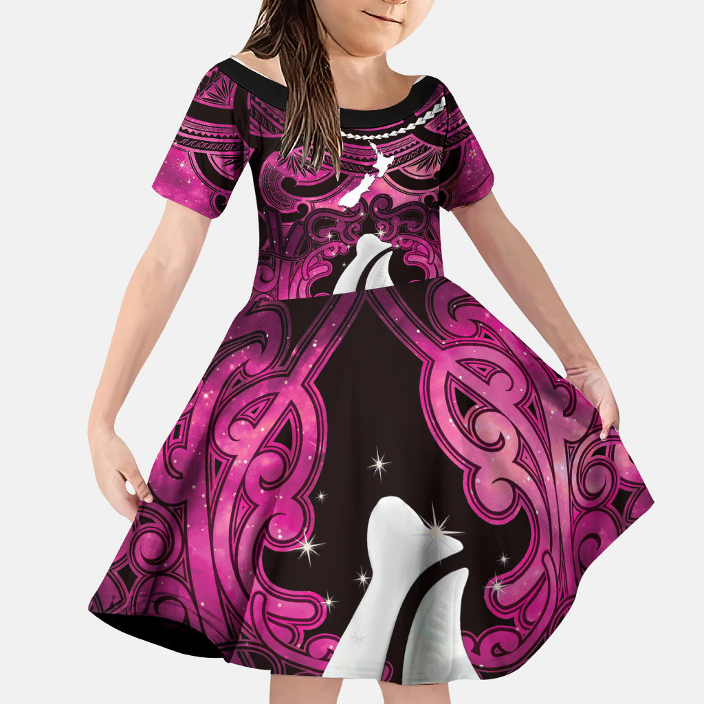 Personalised Maori Matariki Hei Matau Mawhero Family Matching Tank Maxi Dress and Hawaiian Shirt Maori Kowhaiwhai Pattern Galaxy LT01 Daughter's Dress Pink - Polynesian Pride