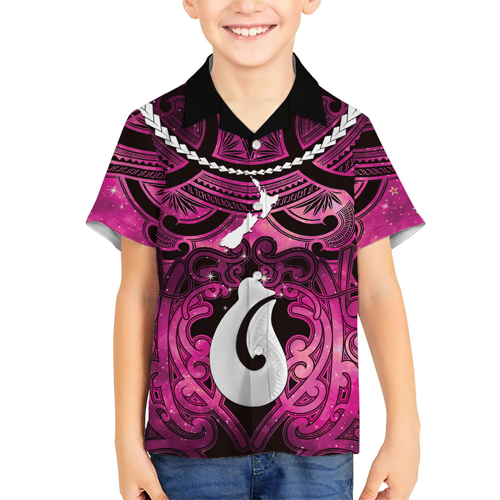 Personalised Maori Matariki Hei Matau Mawhero Family Matching Tank Maxi Dress and Hawaiian Shirt Maori Kowhaiwhai Pattern Galaxy LT01 Son's Shirt Pink - Polynesian Pride