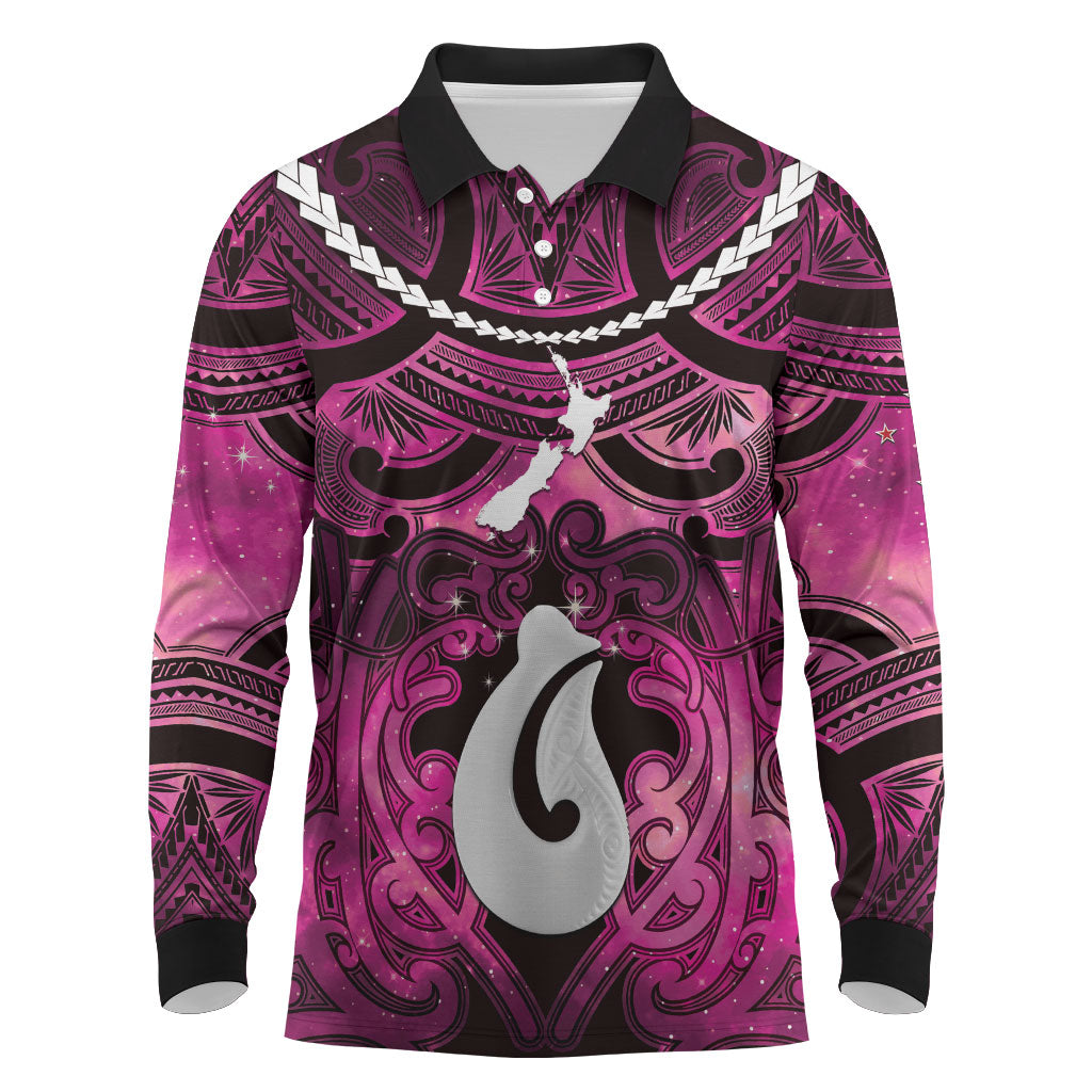 Personalised Maori Matariki Hei Matau Mawhero Long Sleeve Polo Shirt Maori Kowhaiwhai Pattern Galaxy