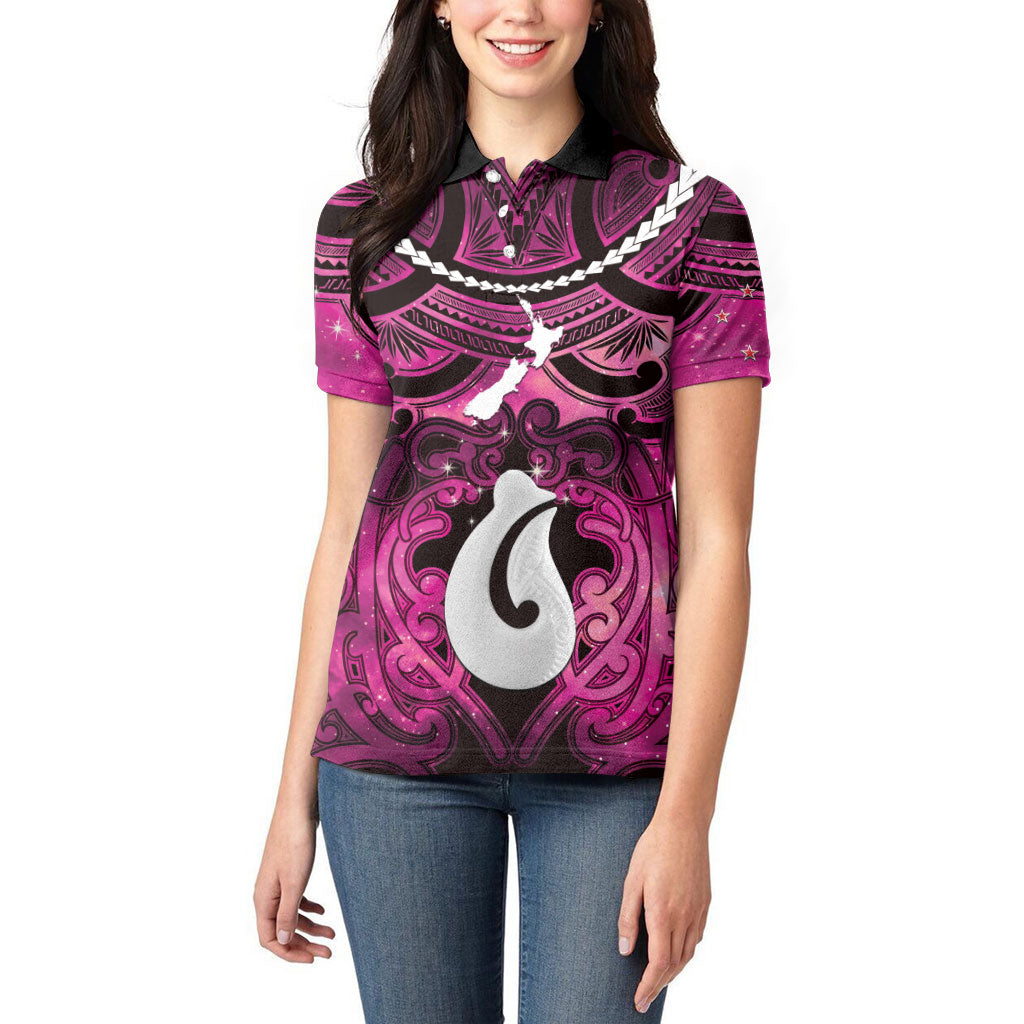 Personalised Maori Matariki Hei Matau Mawhero Women Polo Shirt Maori Kowhaiwhai Pattern Galaxy