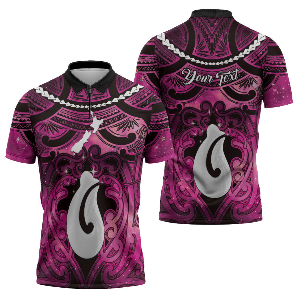 Personalised Maori Matariki Hei Matau Mawhero Zipper Polo Shirt Maori Kowhaiwhai Pattern Galaxy