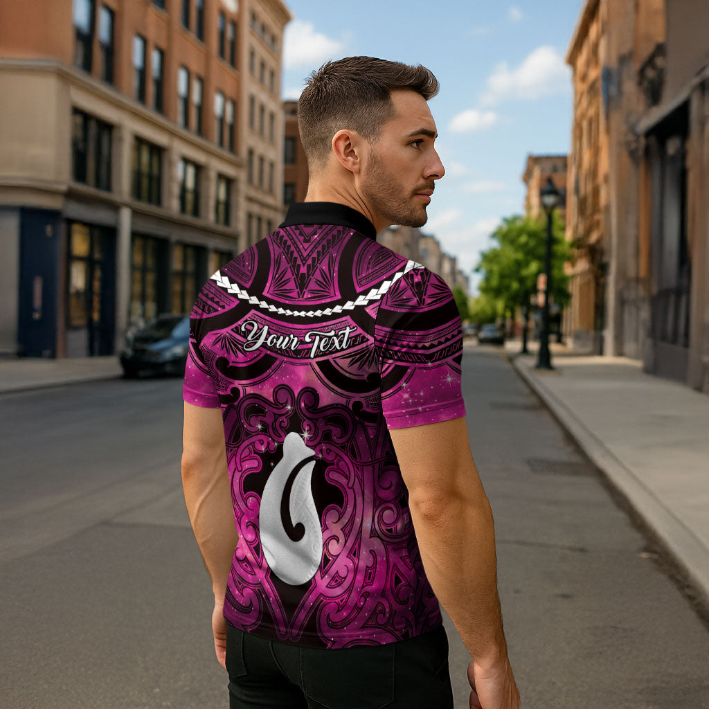 Personalised Maori Matariki Hei Matau Mawhero Zipper Polo Shirt Maori Kowhaiwhai Pattern Galaxy