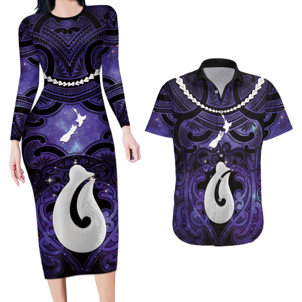Personalised Maori Matariki Hei Matau Waiporoporo Couples Matching Long Sleeve Bodycon Dress and Hawaiian Shirt Maori Kowhaiwhai Pattern Galaxy