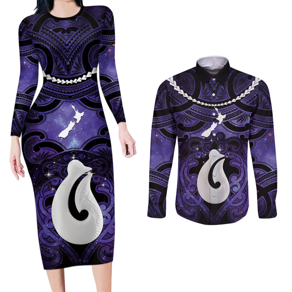 Personalised Maori Matariki Hei Matau Waiporoporo Couples Matching Long Sleeve Bodycon Dress and Long Sleeve Button Shirt Maori Kowhaiwhai Pattern Galaxy LT01 Purple - Polynesian Pride