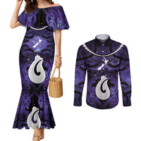 Personalised Maori Matariki Hei Matau Waiporoporo Couples Matching Mermaid Dress and Long Sleeve Button Shirt Maori Kowhaiwhai Pattern Galaxy LT01 Purple - Polynesian Pride