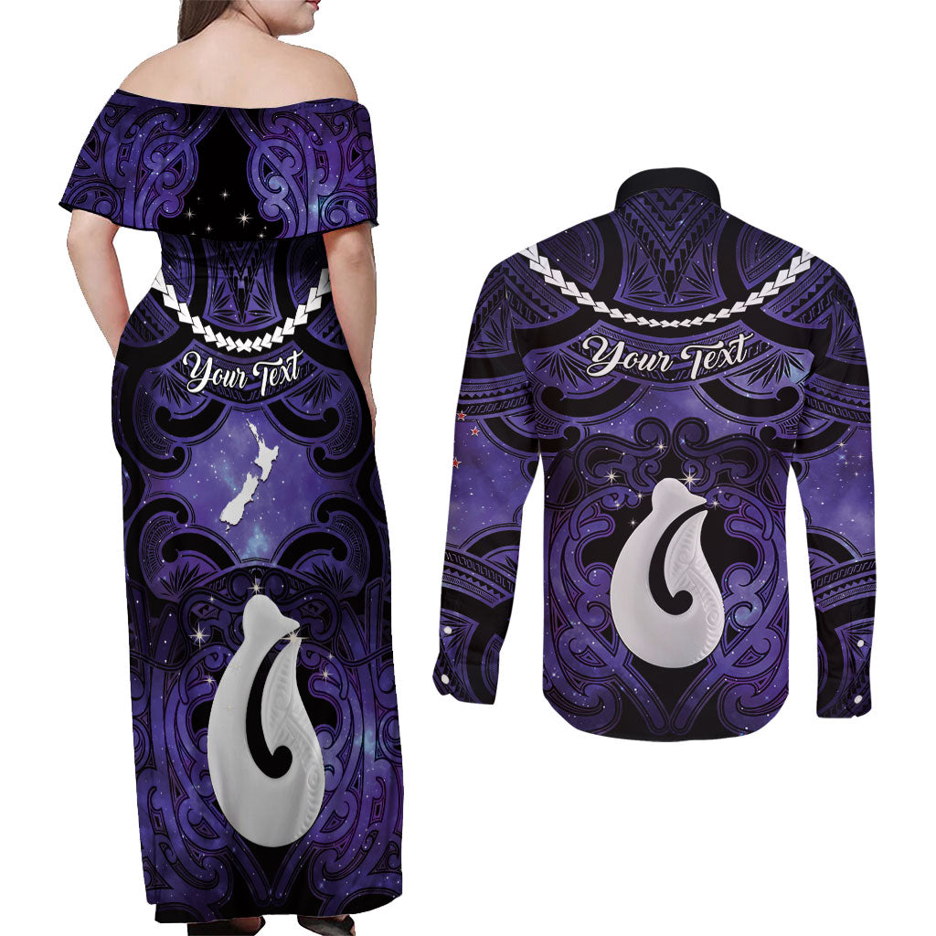 Personalised Maori Matariki Hei Matau Waiporoporo Couples Matching Off Shoulder Maxi Dress and Long Sleeve Button Shirt Maori Kowhaiwhai Pattern Galaxy