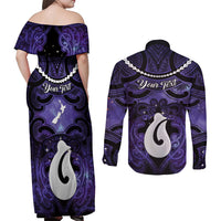 Personalised Maori Matariki Hei Matau Waiporoporo Couples Matching Off Shoulder Maxi Dress and Long Sleeve Button Shirt Maori Kowhaiwhai Pattern Galaxy