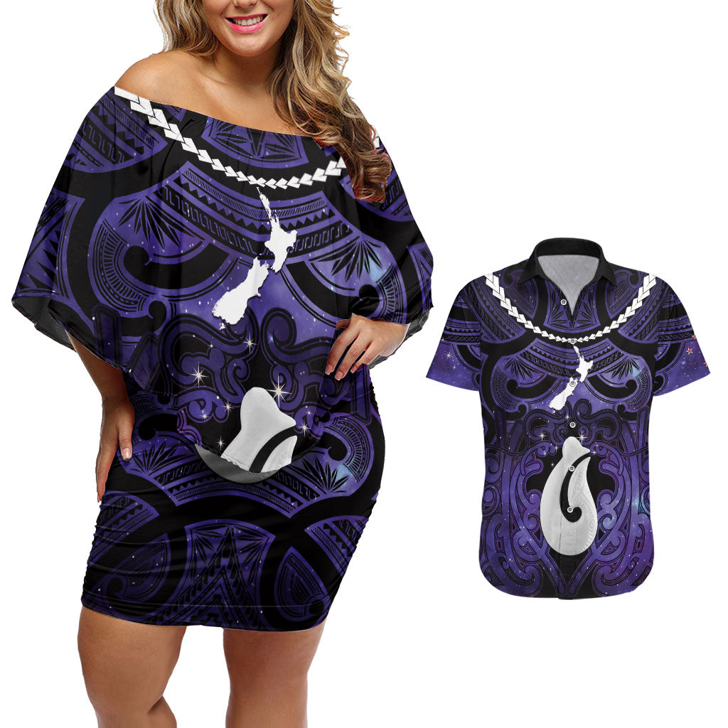 Personalised Maori Matariki Hei Matau Waiporoporo Couples Matching Off Shoulder Short Dress and Hawaiian Shirt Maori Kowhaiwhai Pattern Galaxy