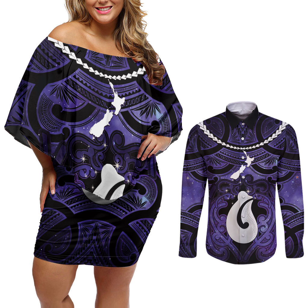 Personalised Maori Matariki Hei Matau Waiporoporo Couples Matching Off Shoulder Short Dress and Long Sleeve Button Shirt Maori Kowhaiwhai Pattern Galaxy