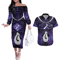 Personalised Maori Matariki Hei Matau Waiporoporo Couples Matching Off The Shoulder Long Sleeve Dress and Hawaiian Shirt Maori Kowhaiwhai Pattern Galaxy LT01 Purple - Polynesian Pride