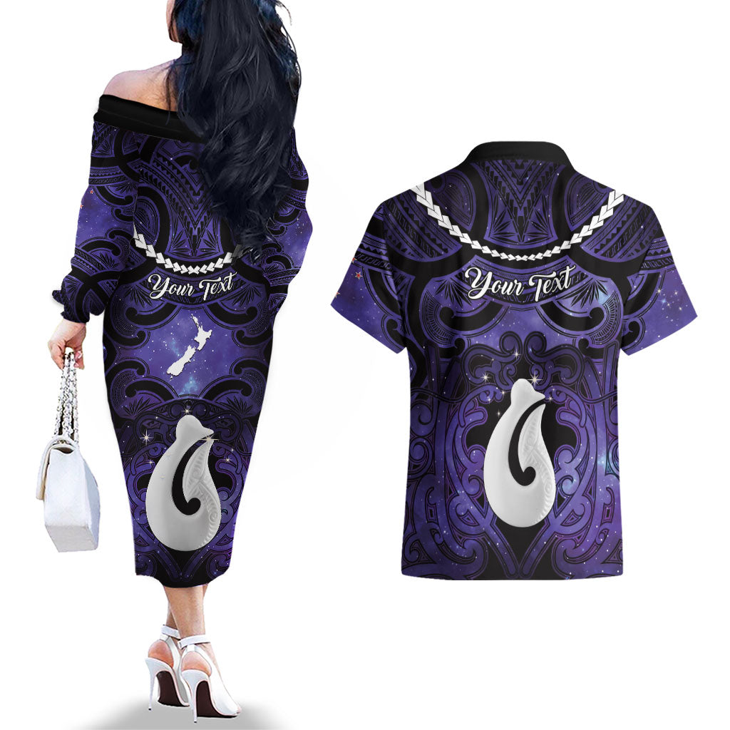 Personalised Maori Matariki Hei Matau Waiporoporo Couples Matching Off The Shoulder Long Sleeve Dress and Hawaiian Shirt Maori Kowhaiwhai Pattern Galaxy LT01 - Polynesian Pride