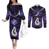 Personalised Maori Matariki Hei Matau Waiporoporo Couples Matching Off The Shoulder Long Sleeve Dress and Long Sleeve Button Shirt Maori Kowhaiwhai Pattern Galaxy LT01 Purple - Polynesian Pride