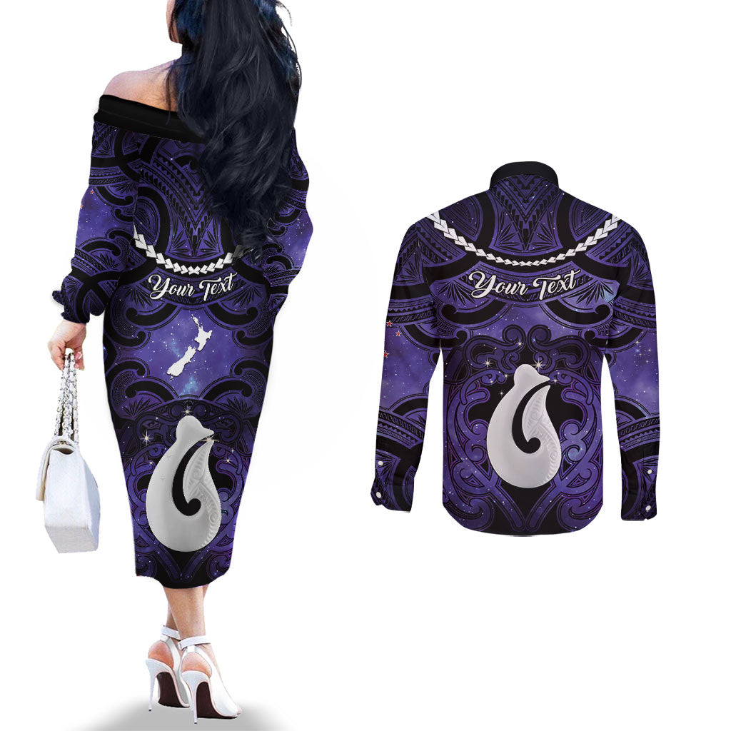 Personalised Maori Matariki Hei Matau Waiporoporo Couples Matching Off The Shoulder Long Sleeve Dress and Long Sleeve Button Shirt Maori Kowhaiwhai Pattern Galaxy LT01 - Polynesian Pride