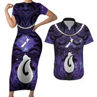 Personalised Maori Matariki Hei Matau Waiporoporo Couples Matching Short Sleeve Bodycon Dress and Hawaiian Shirt Maori Kowhaiwhai Pattern Galaxy LT01 Purple - Polynesian Pride