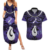 Personalised Maori Matariki Hei Matau Waiporoporo Couples Matching Summer Maxi Dress and Hawaiian Shirt Maori Kowhaiwhai Pattern Galaxy LT01 Purple - Polynesian Pride