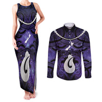 Personalised Maori Matariki Hei Matau Waiporoporo Couples Matching Tank Maxi Dress and Long Sleeve Button Shirt Maori Kowhaiwhai Pattern Galaxy