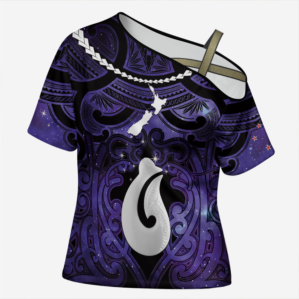 Personalised Maori Matariki Hei Matau Waiporoporo Cross Shoulder Shirt Maori Kowhaiwhai Pattern Galaxy
