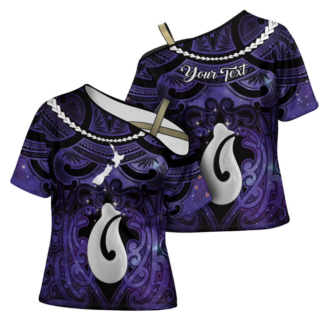 Personalised Maori Matariki Hei Matau Waiporoporo Cross Shoulder Shirt Maori Kowhaiwhai Pattern Galaxy