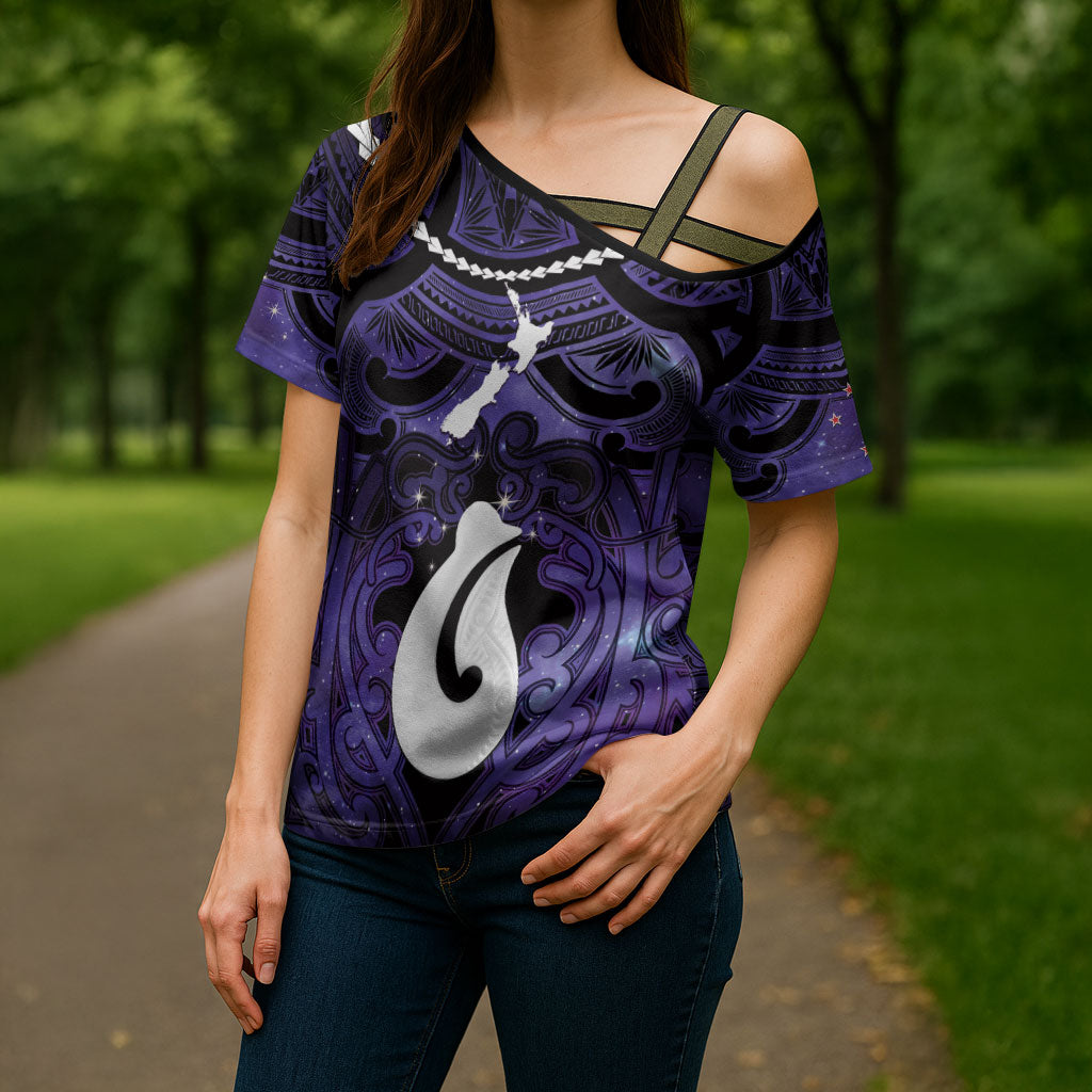Personalised Maori Matariki Hei Matau Waiporoporo Cross Shoulder Shirt Maori Kowhaiwhai Pattern Galaxy