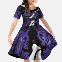 Personalised Maori Matariki Hei Matau Waiporoporo Family Matching Long Sleeve Bodycon Dress and Hawaiian Shirt Maori Kowhaiwhai Pattern Galaxy LT01 Daughter's Dress Purple - Polynesian Pride