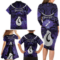 Personalised Maori Matariki Hei Matau Waiporoporo Family Matching Long Sleeve Bodycon Dress and Hawaiian Shirt Maori Kowhaiwhai Pattern Galaxy LT01 - Polynesian Pride