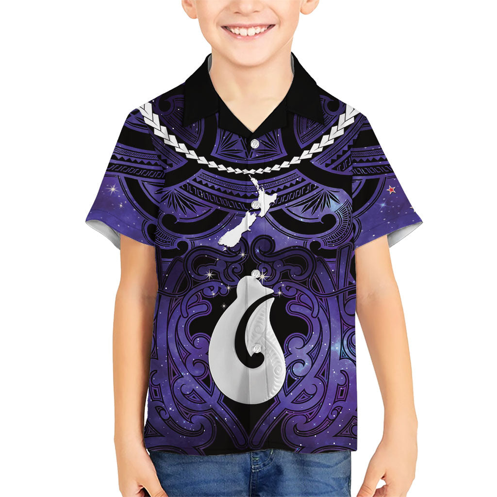Personalised Maori Matariki Hei Matau Waiporoporo Family Matching Long Sleeve Bodycon Dress and Hawaiian Shirt Maori Kowhaiwhai Pattern Galaxy LT01 Son's Shirt Purple - Polynesian Pride