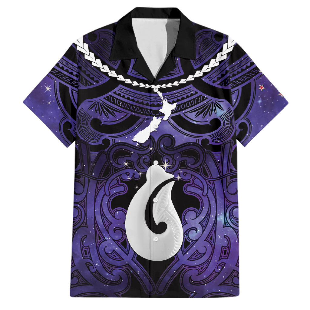 Personalised Maori Matariki Hei Matau Waiporoporo Family Matching Off The Shoulder Long Sleeve Dress and Hawaiian Shirt Maori Kowhaiwhai Pattern Galaxy LT01 Dad's Shirt - Short Sleeve Purple - Polynesian Pride