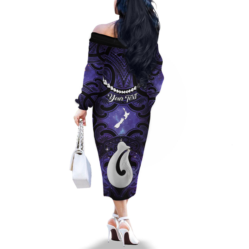 Personalised Maori Matariki Hei Matau Waiporoporo Family Matching Off The Shoulder Long Sleeve Dress and Hawaiian Shirt Maori Kowhaiwhai Pattern Galaxy LT01 - Polynesian Pride