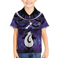 Personalised Maori Matariki Hei Matau Waiporoporo Family Matching Off The Shoulder Long Sleeve Dress and Hawaiian Shirt Maori Kowhaiwhai Pattern Galaxy LT01 Son's Shirt Purple - Polynesian Pride