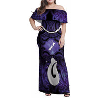 Personalised Maori Matariki Hei Matau Waiporoporo Family Matching Off Shoulder Maxi Dress and Hawaiian Shirt Maori Kowhaiwhai Pattern Galaxy LT01 Mom's Dress Purple - Polynesian Pride